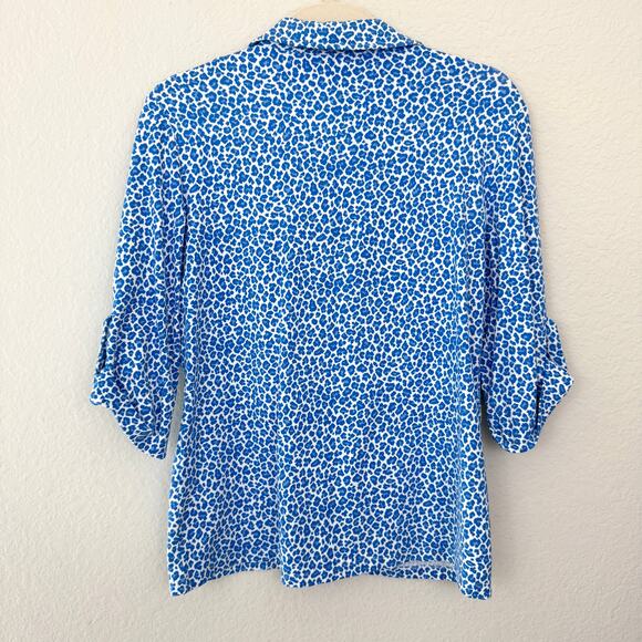 J. McLaughlin Women Catalina Cloth Button Top Size M Stretch Summer Cheetah Blue - Picture 3 of 8